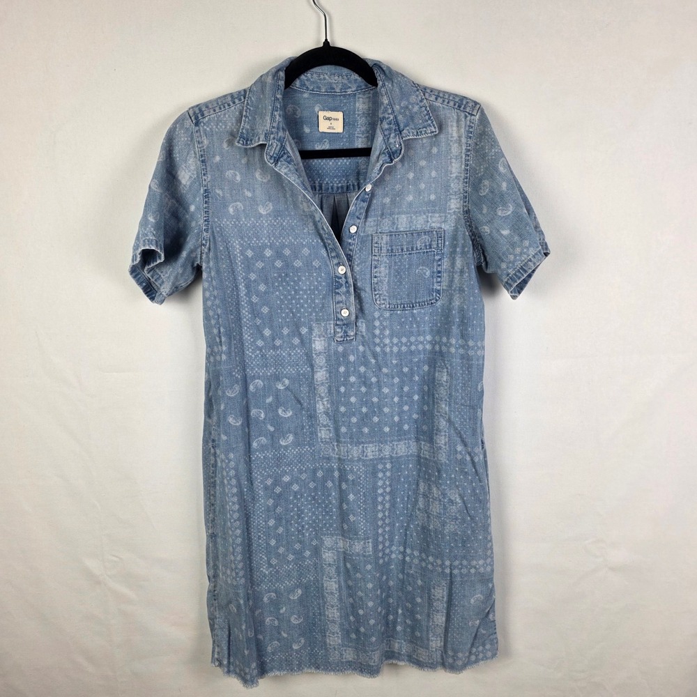 Gap 1969 Women Blue Bandana Paisley Print Denim Shirt Dress Short Sleeve Small